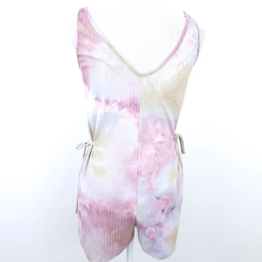 See You Monday Romper Medium, Tie Dye, Strapless, Pink, Blue, Side Ties, Summer
